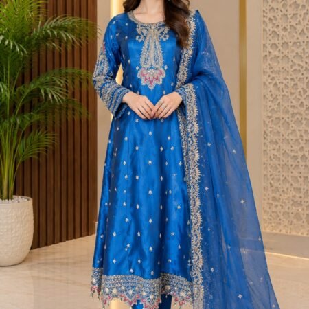 Royal Blue Embellished Raw Silk Suit with Embroidered Organza Dupatta