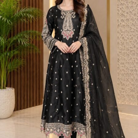 Midnight Black Embellished Raw Silk Suit with Embroidered Organza Dupatta