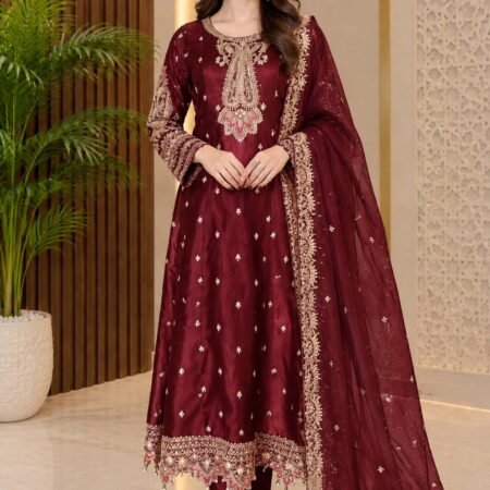 Deep Maroon Embellished Raw Silk with Embroidered Organza Dupatta