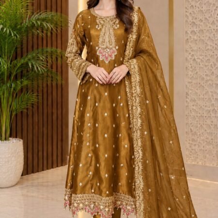 Antique Gold Embellished Raw Silk with Embroidered Organza Dupatta
