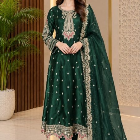 Emerald Green Embellished Raw Silk with Embroidered Organza Dupatta