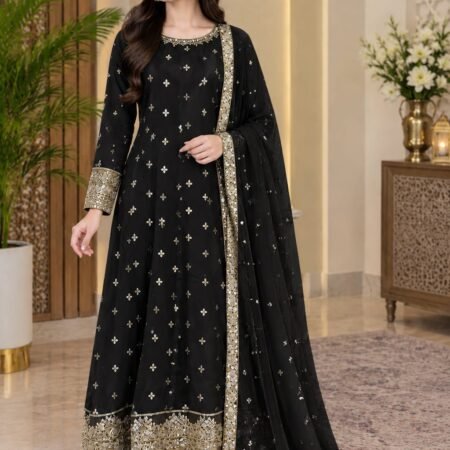 Classic Black Gold-Embellished Kalidar Anarkali Suit with Mirror-Work Dupatta